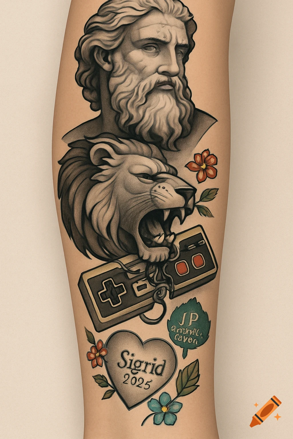 Neo-traditional tattoo design featuring a Greek god bust, a roaring lion head, an old game controller, a heart with "Sigrid 2025", and a leaf with illegible text, surrounded by flowers on an arm.