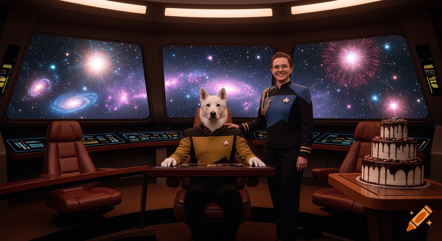A dog in a Starfleet uniform sits in a captain's chair next to a woman and a cake on a spaceship bridge, with a vibrant space view.