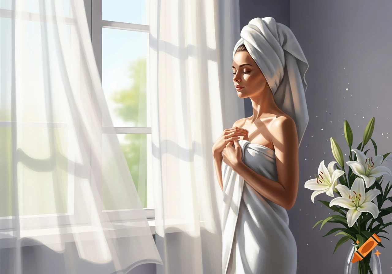 A woman in a towel, with a towel wrapped around her head, stands by a sunlit window with sheer curtains, looking serene.