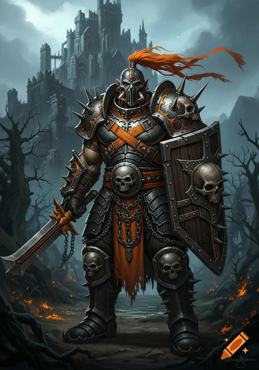 A muscular ogryn or orc warrior in spiked brutalist armor with chains and skulls, wielding a sword and shield, stands before a dark, ruined castle in a desolate landscape with fiery ground.