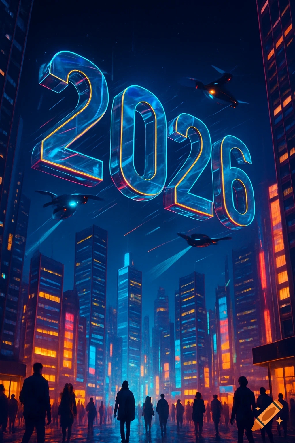 Neon-lit futuristic city at night with towering skyscrapers, silhouetted people, and glowing "2026" text floating above.