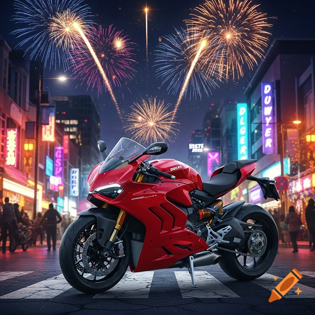 A red Ducati motorcycle is parked on a city street at night, with vibrant fireworks exploding in the sky above neon-lit buildings.