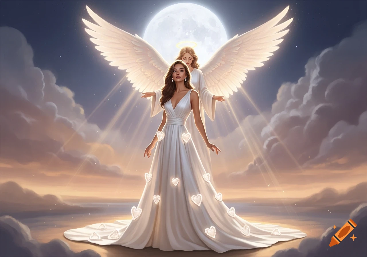 A woman in a white dress with glowing hearts stands before a winged angel under a bright full moon and glowing clouds.