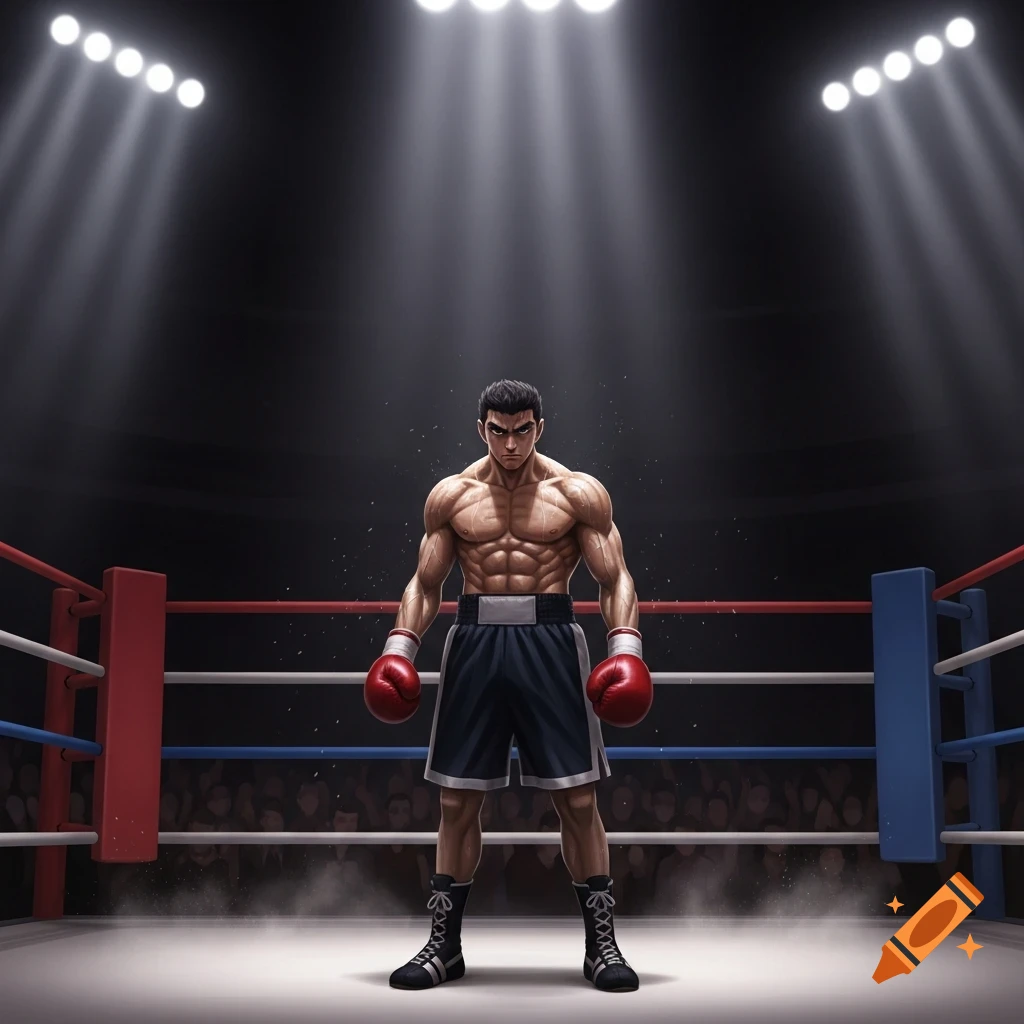 Muscular anime boxer stands in a ring under bright spotlights, ready for a match.