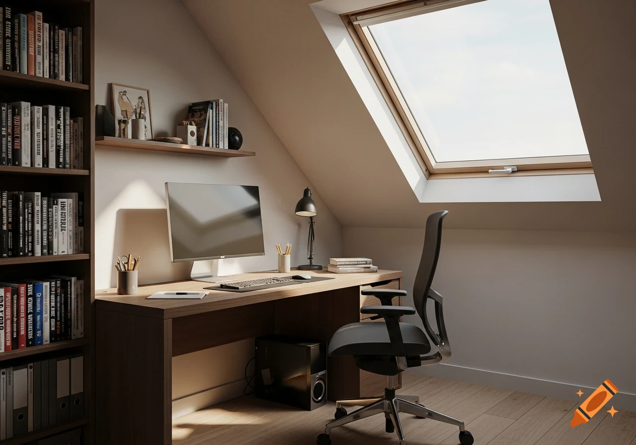 A modern, photorealistic study room featuring a wooden desk with a computer, an office chair, a large bookshelf, and a bright roof window.