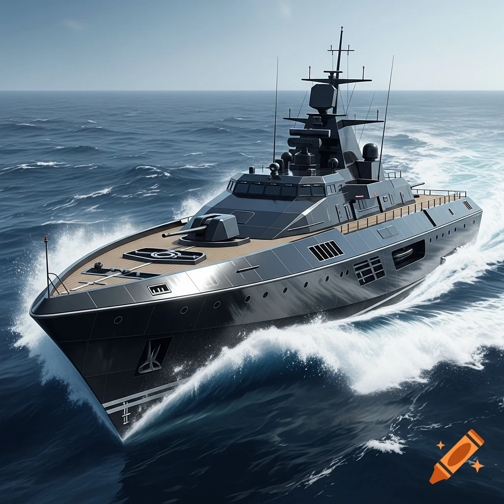 A sleek, black corvette sea ship cruises through choppy blue ocean waters under a clear sky.