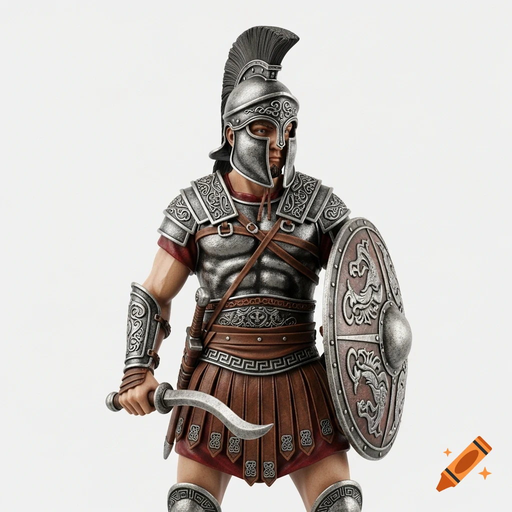 A detailed resin 3D printed figure of a Roman-style warrior in ornate armor, holding a sword and shield on a white background.