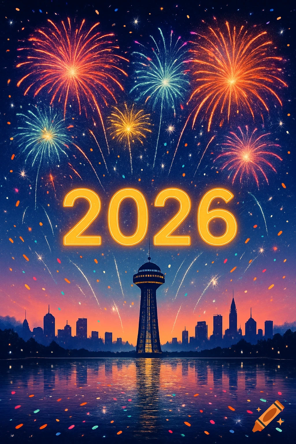 Vibrant fireworks explode over a cityscape at dusk, reflecting in the water below, with large glowing orange numbers "2026" in the sky.
