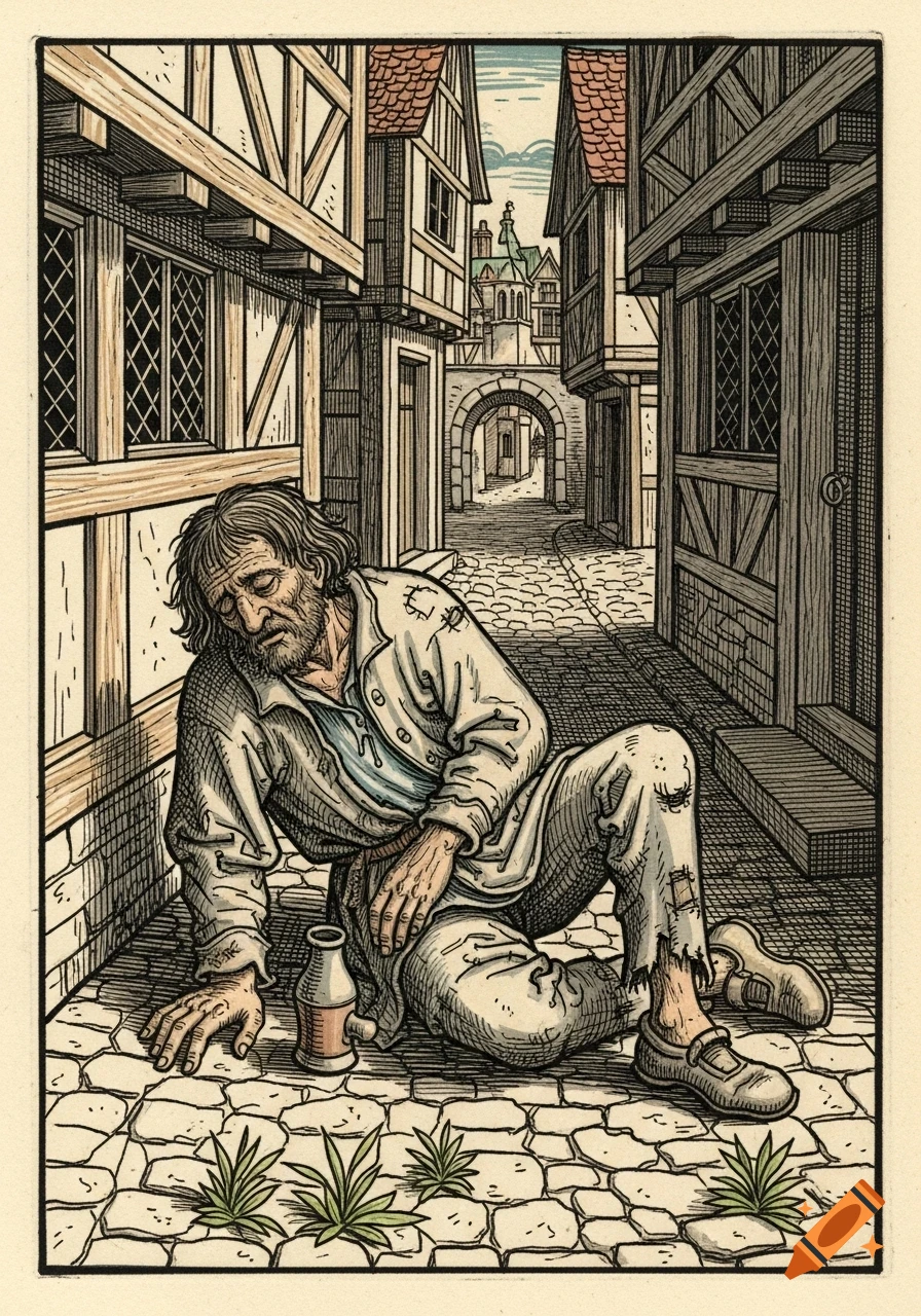 A medieval woodcut illustration of a disheveled man, slumped over with a bottle, in a narrow cobblestone alley.