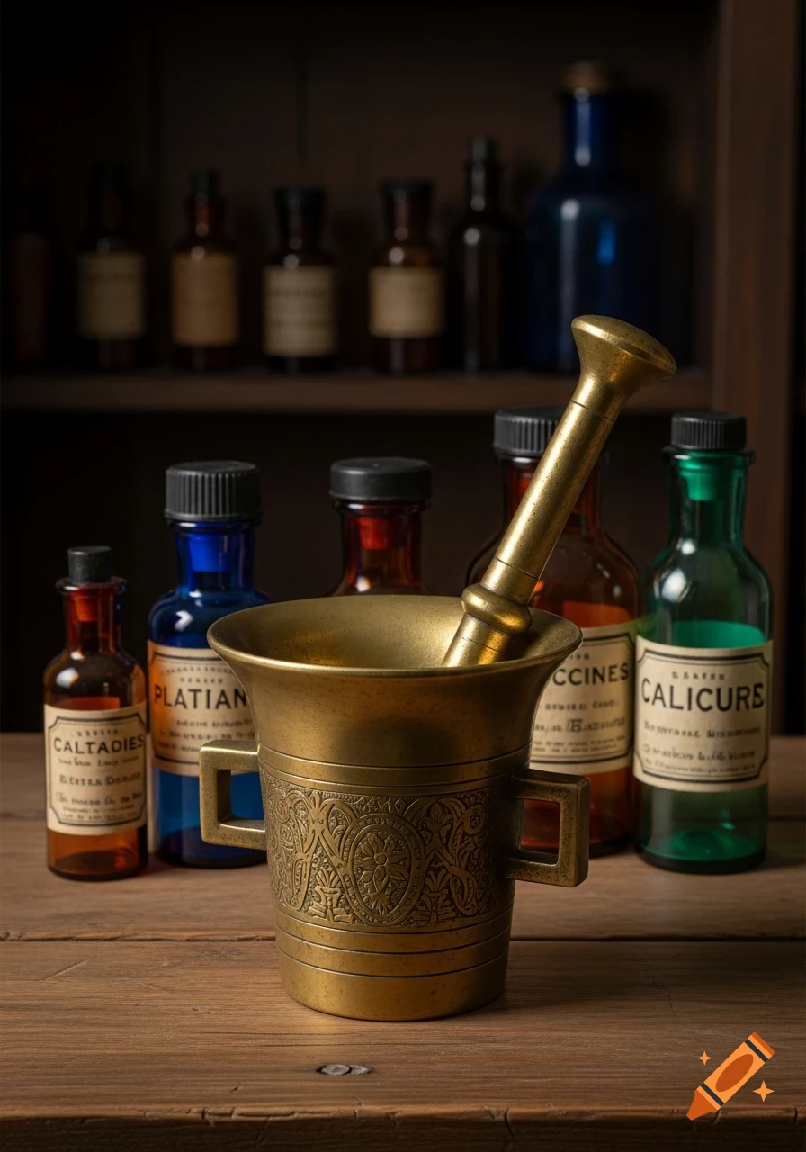 A photorealistic still life featuring a brass mortar and pestle on a wooden table, with antique medicine bottles behind it.
