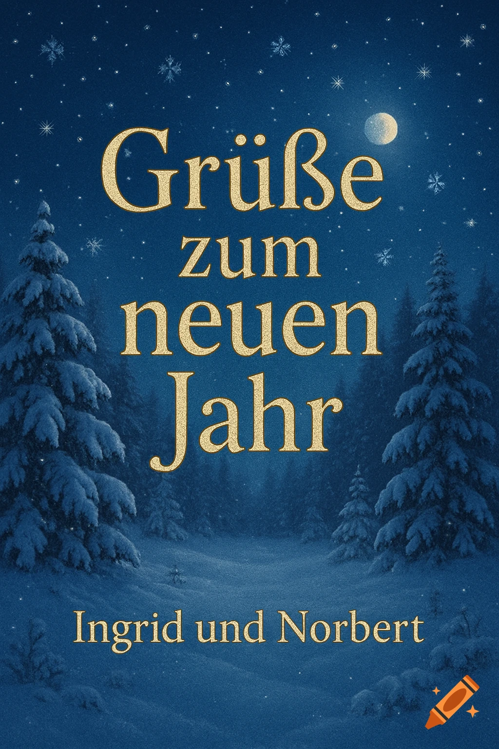 New Year's greeting card with golden German text over a dark blue snowy winter forest scene with a moon and stars.