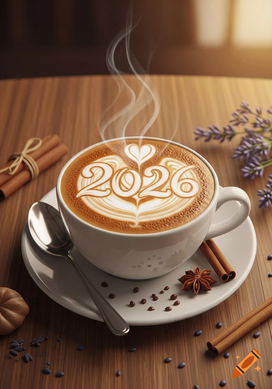 Photorealistic close-up of a steaming cappuccino with "2026" latte art, surrounded by cinnamon, star anise, and lavender on a wooden table.