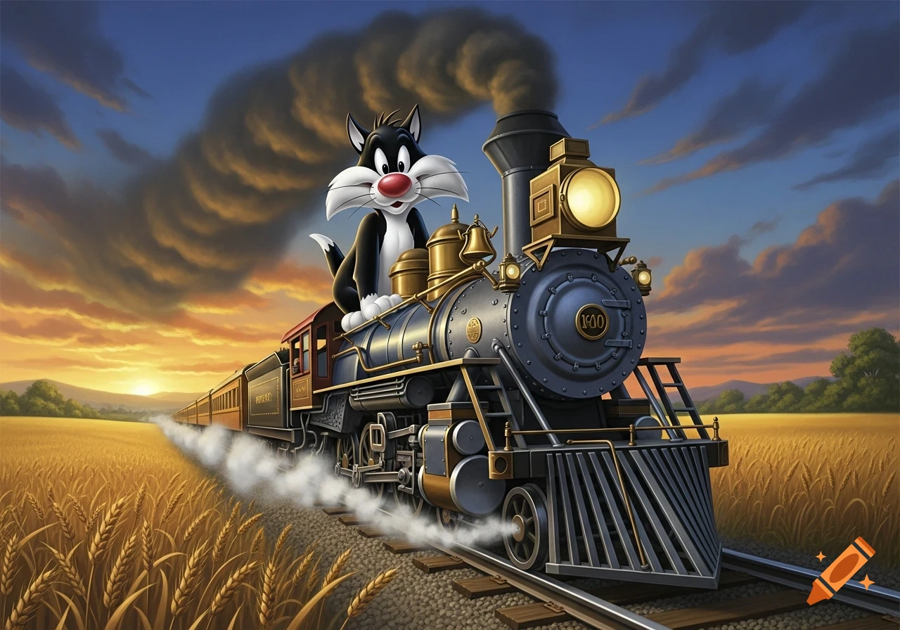 Sylvester the cat rides on top of an old-fashioned steam train moving through a golden wheat field at sunset, with dark clouds above.