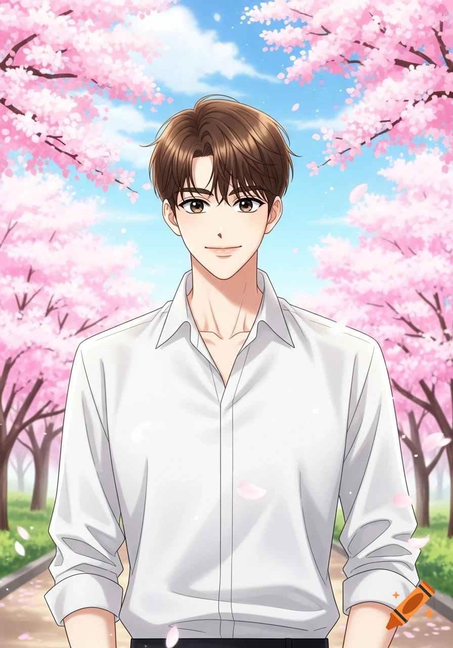 A smiling anime-style man with brown hair in a white shirt stands under pink cherry blossom trees.