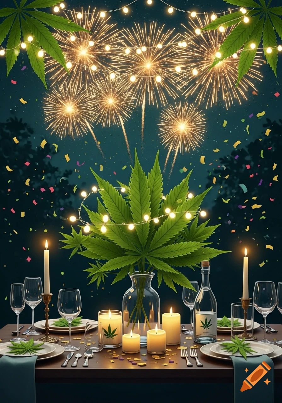 A festive New Year's dinner table adorned with cannabis leaves, candles, and string lights, set against a dark sky filled with fireworks and confetti.