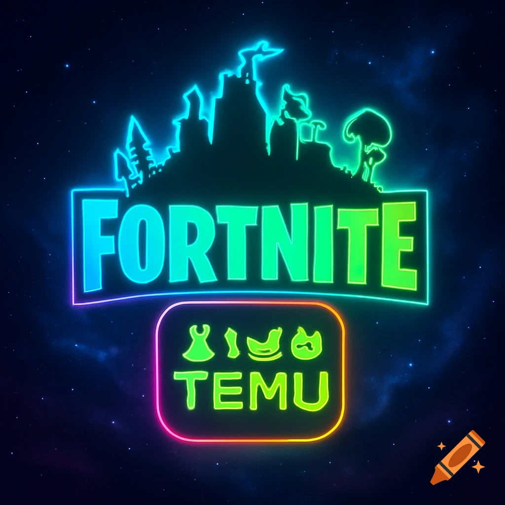 A neon-style logo featuring "FORTNITE" above a smaller rounded box with "TEMU" and abstract symbols, set against a dark, starry sky background.