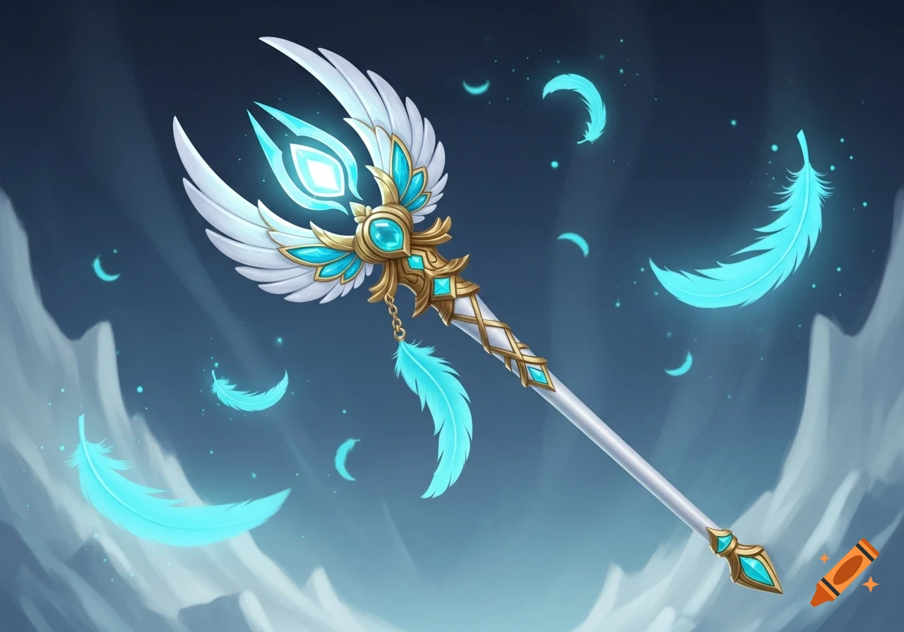 An elegant white and gold fantasy wand with glowing cyan gems and white wing-shaped blades, a cyan feather charm, surrounded by floating cyan feathers.