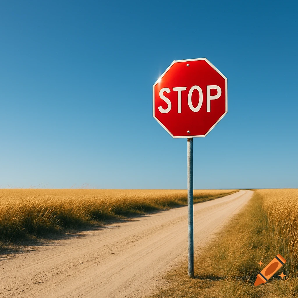 A red stop sign stands beside a dirt road winding through a golden field under a clear blue sky, photorealistic.