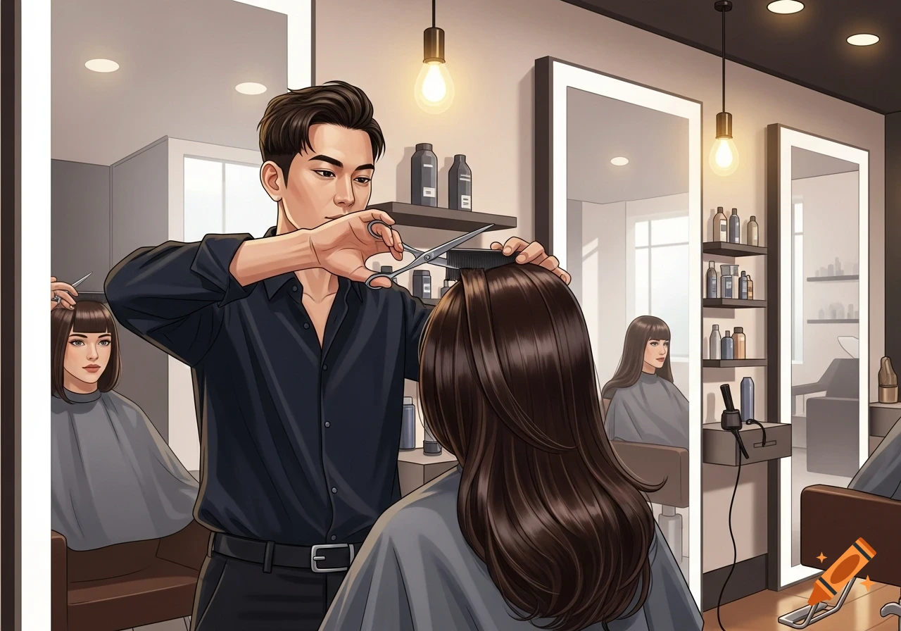 An anime-style male hairdresser in a black shirt cuts the long brown hair of a female client in a salon, with another client reflected in a mirror.
