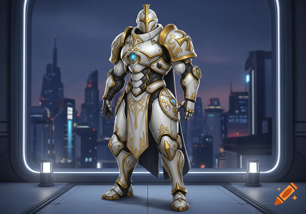 A bulky, gold and white futuristic knight armor stands in a room overlooking a night cityscape, in a video game art style.