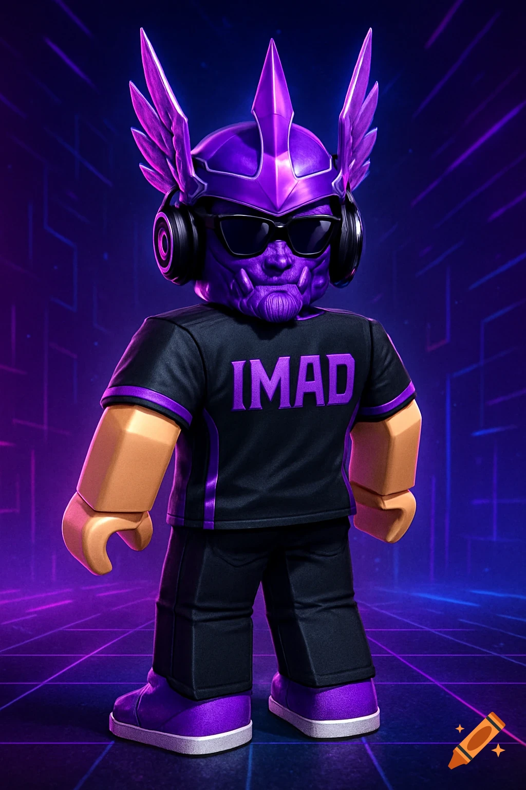 A stylized Roblox character with a purple winged helmet, beast face, sunglasses, headphones, a black shirt with "IMAD", black pants, and purple shoes, standing on a neon grid.
