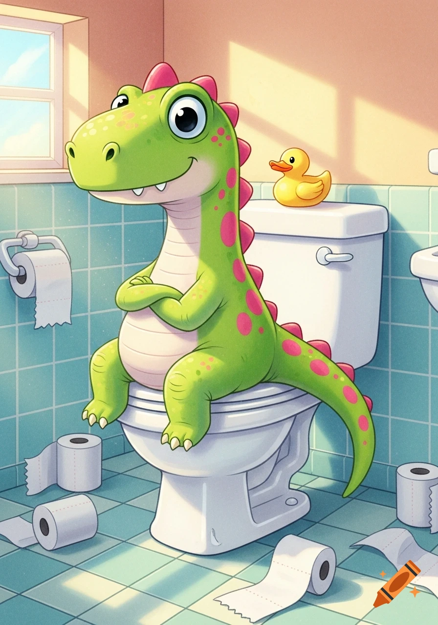 A cute green cartoon dinosaur with pink spots sits on a toilet in a light blue tiled bathroom, with toilet paper on the floor.