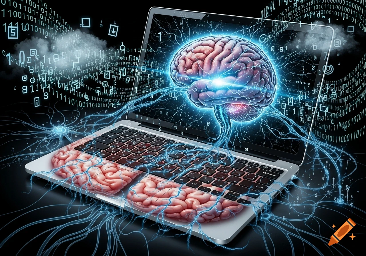 A laptop with an illuminated human brain on its screen and two brains on the keyboard, connected by glowing neural pathways amidst binary code and digital data, symbolizing artificial intelligence.