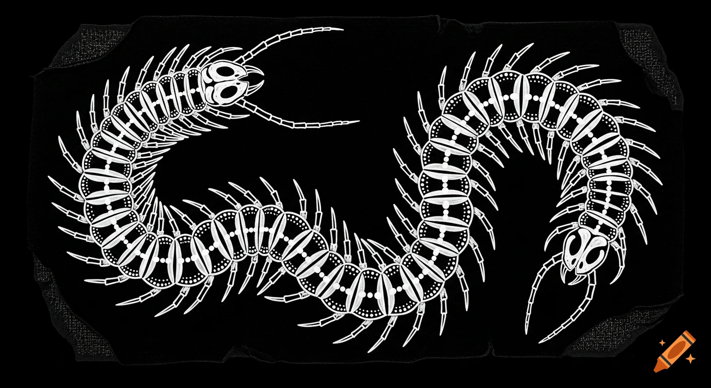 Two white skeleton centipedes with dotwork details, in a high-contrast blackwork punk patch style on black fabric with distressed edges.