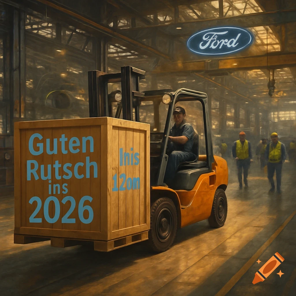 An orange forklift carries a large wooden crate with "Guten Rutsch ins 2026" written on it, inside a Ford factory.
