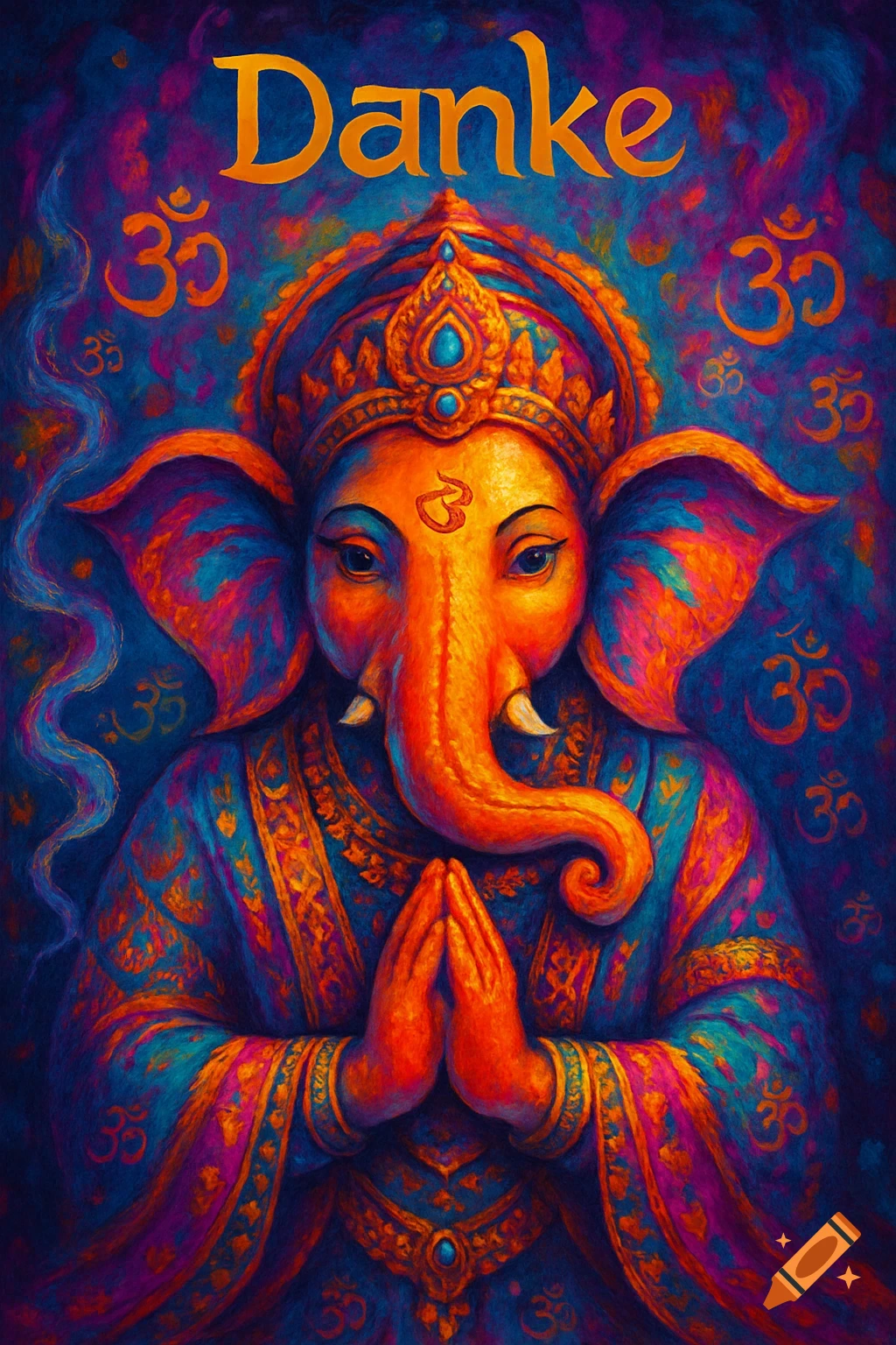 Vibrant, colorful painting of Ganesha in namaste pose, surrounded by Om symbols, with 'Danke' at the top.