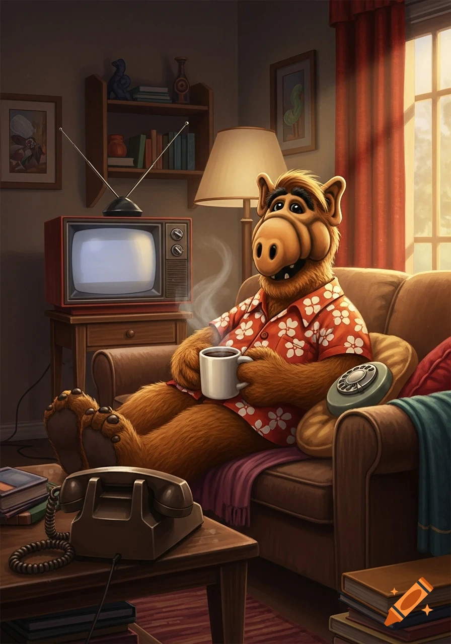 Alf, the furry alien, lounges on a brown couch in a living room, wearing a red Hawaiian shirt and holding a steaming mug. A vintage TV and rotary phone are nearby.