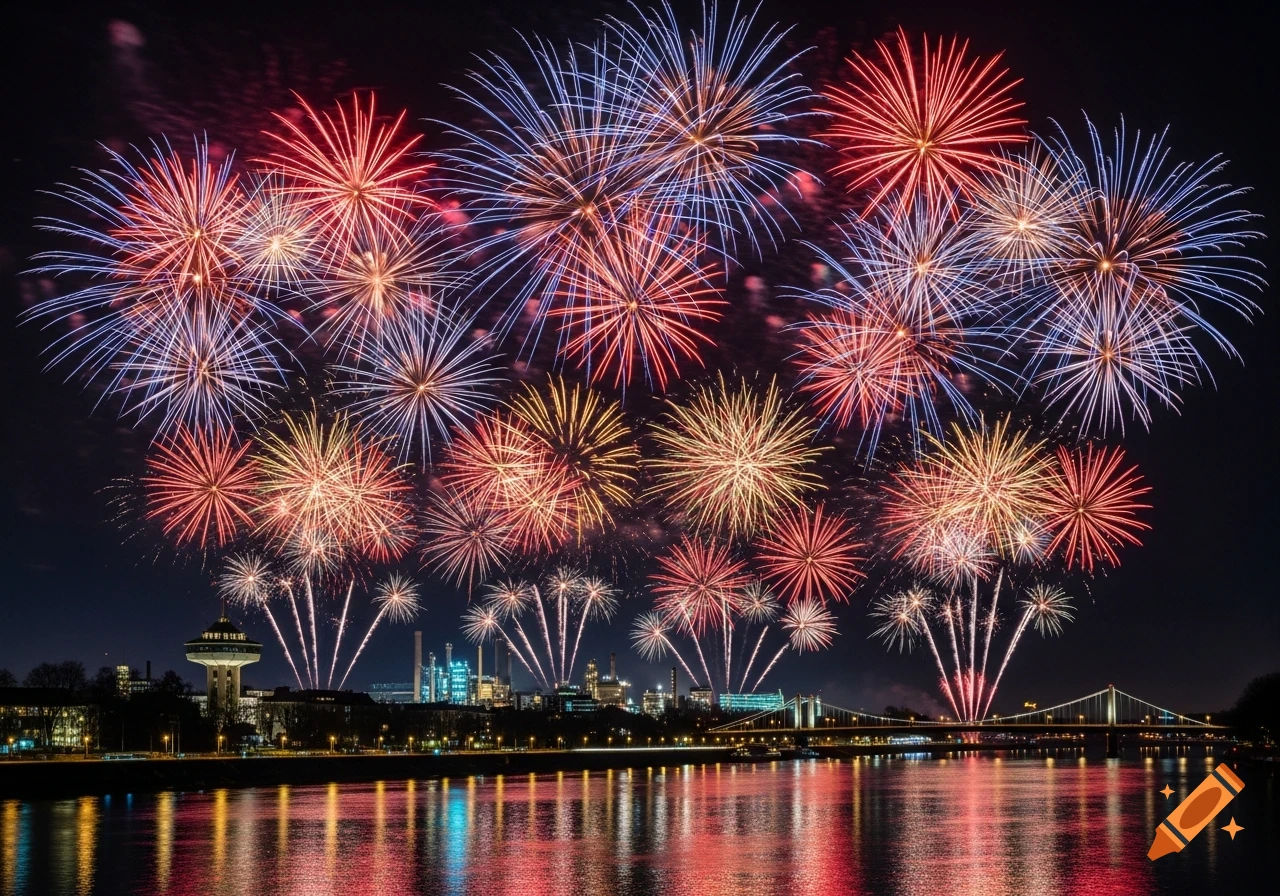 Vibrant red, blue, and gold fireworks explode over a city skyline with a bridge and river reflections at night.