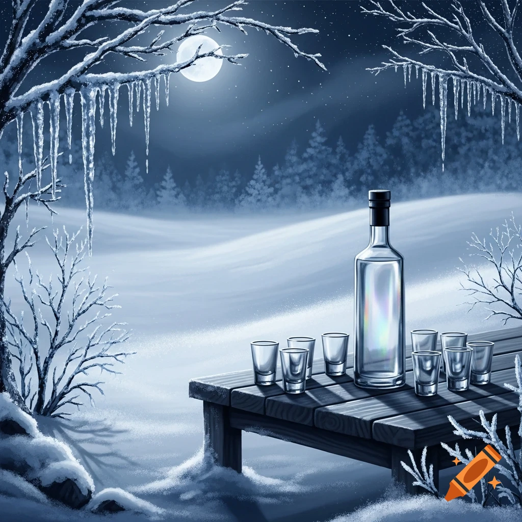 A bottle of vodka and shot glasses on a snowy wooden table in a moonlit winter landscape with icy trees and pine forests.