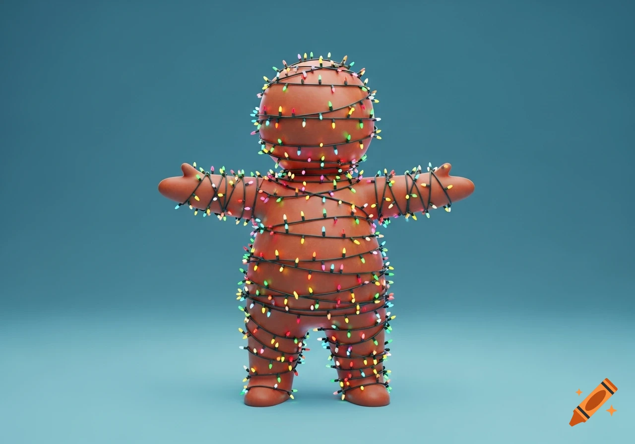 A 3D rendered, human-shaped character wrapped in tangled, multi-colored Christmas lights on a blue background.