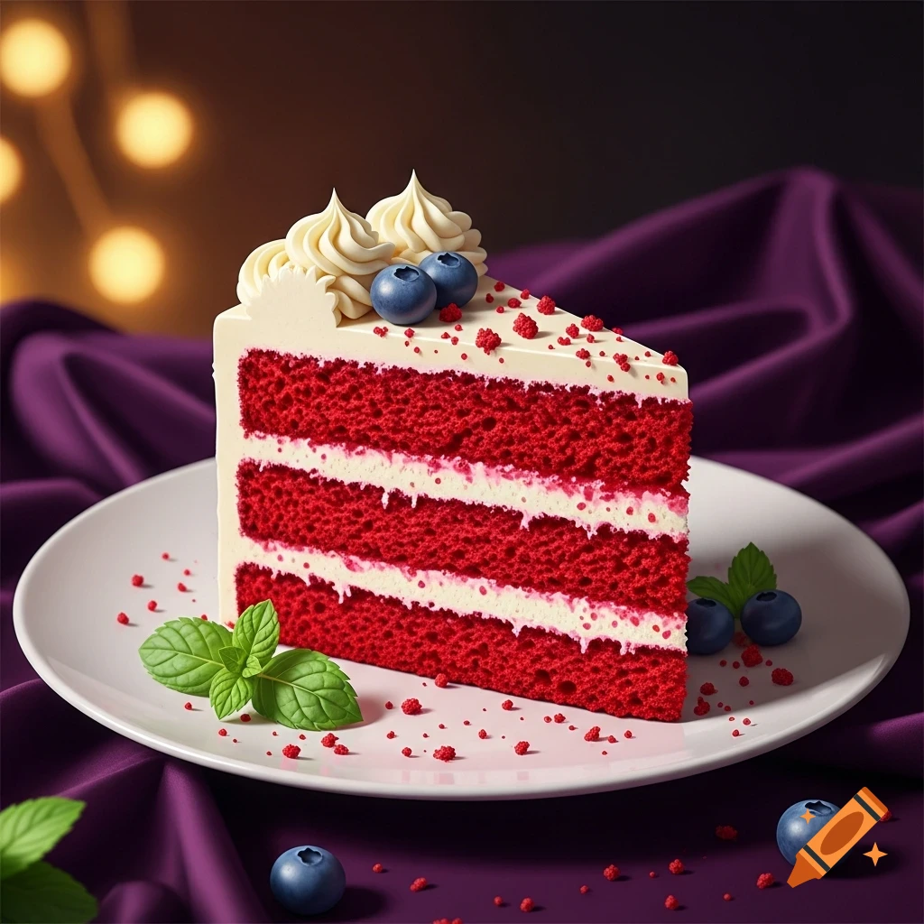 A photorealistic slice of red velvet cake with cream cheese frosting, blueberries, and mint on a white plate, against a purple cloth.