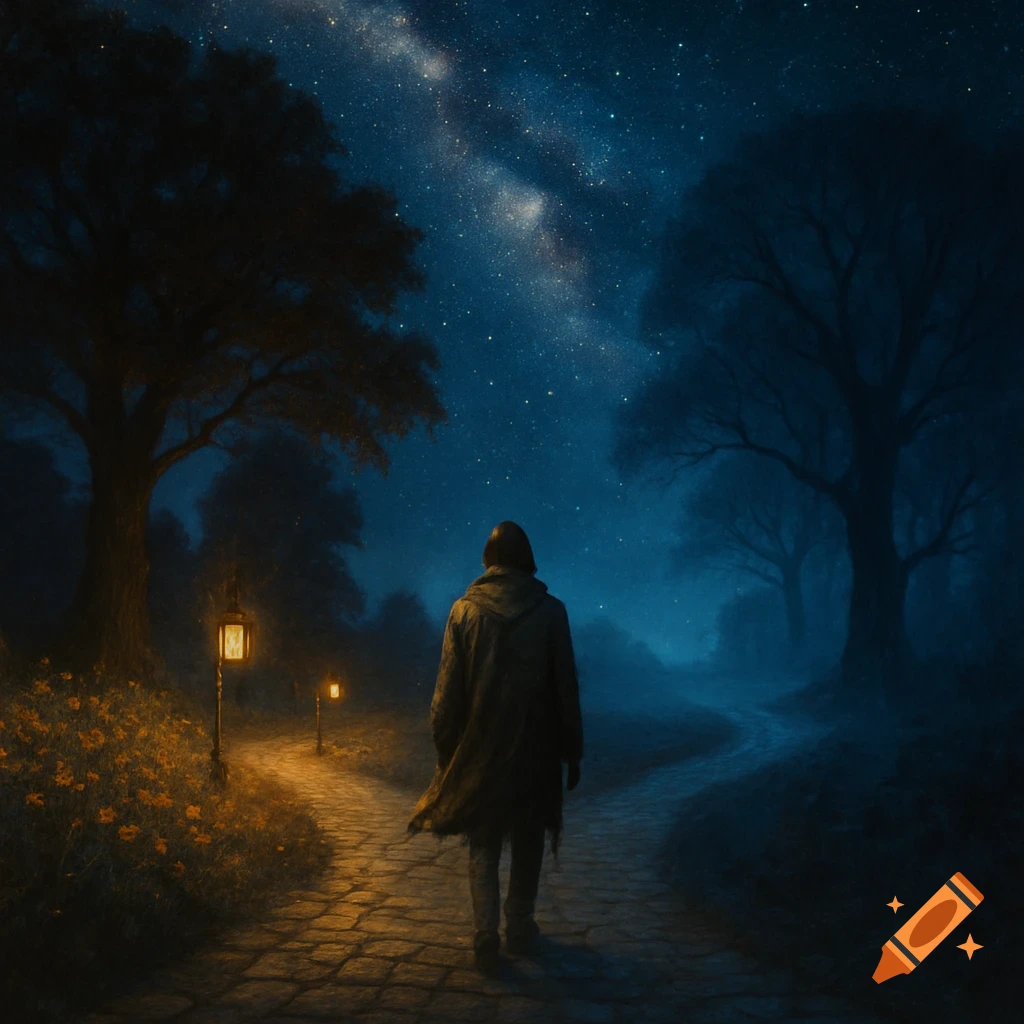 A lone figure walks a cobblestone path through a dark, foggy forest under a brilliant, starry night sky with the Milky Way.