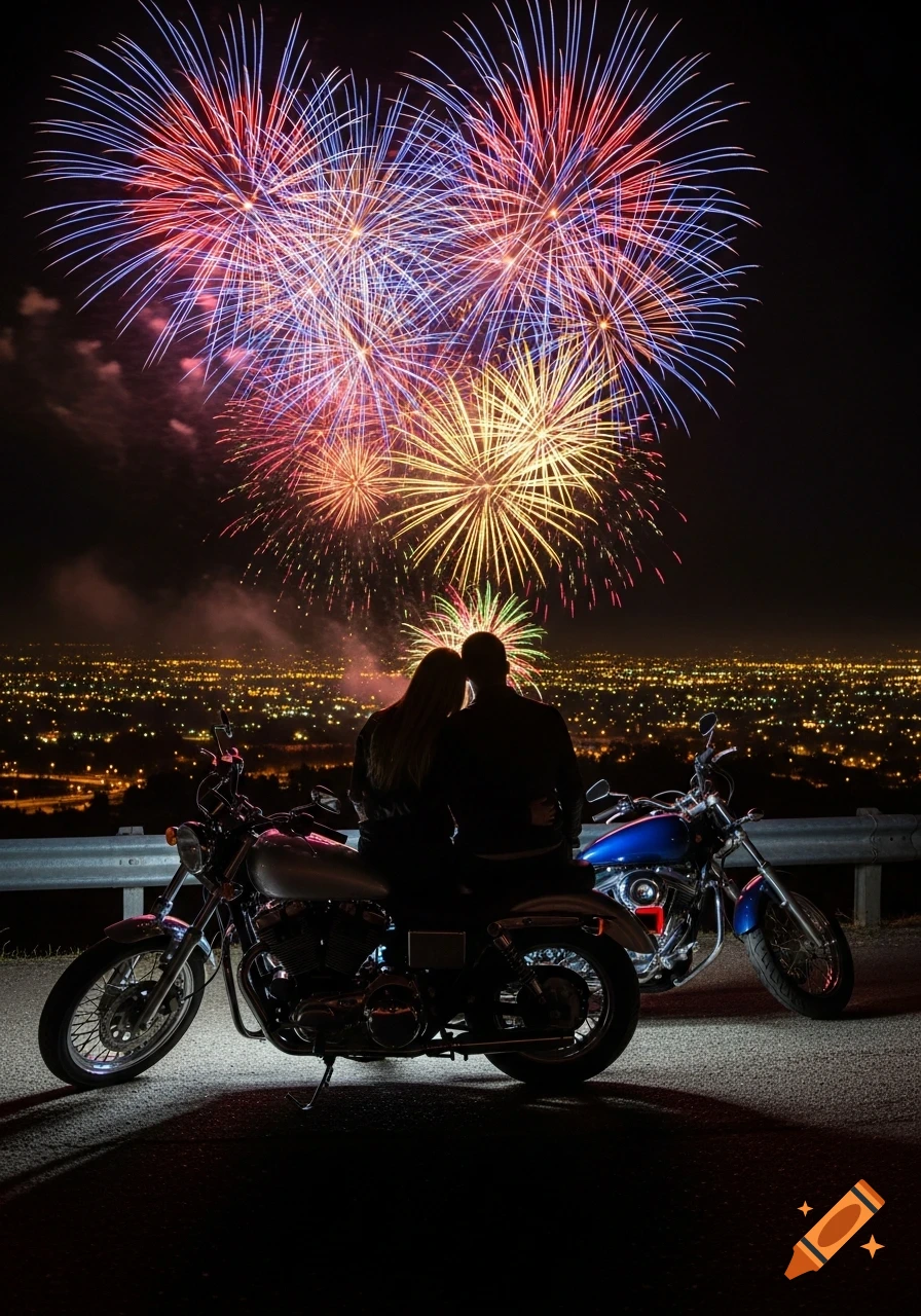 A couple sits on two motorcycles, silhouetted against a vibrant display of fireworks over a city lights at night.