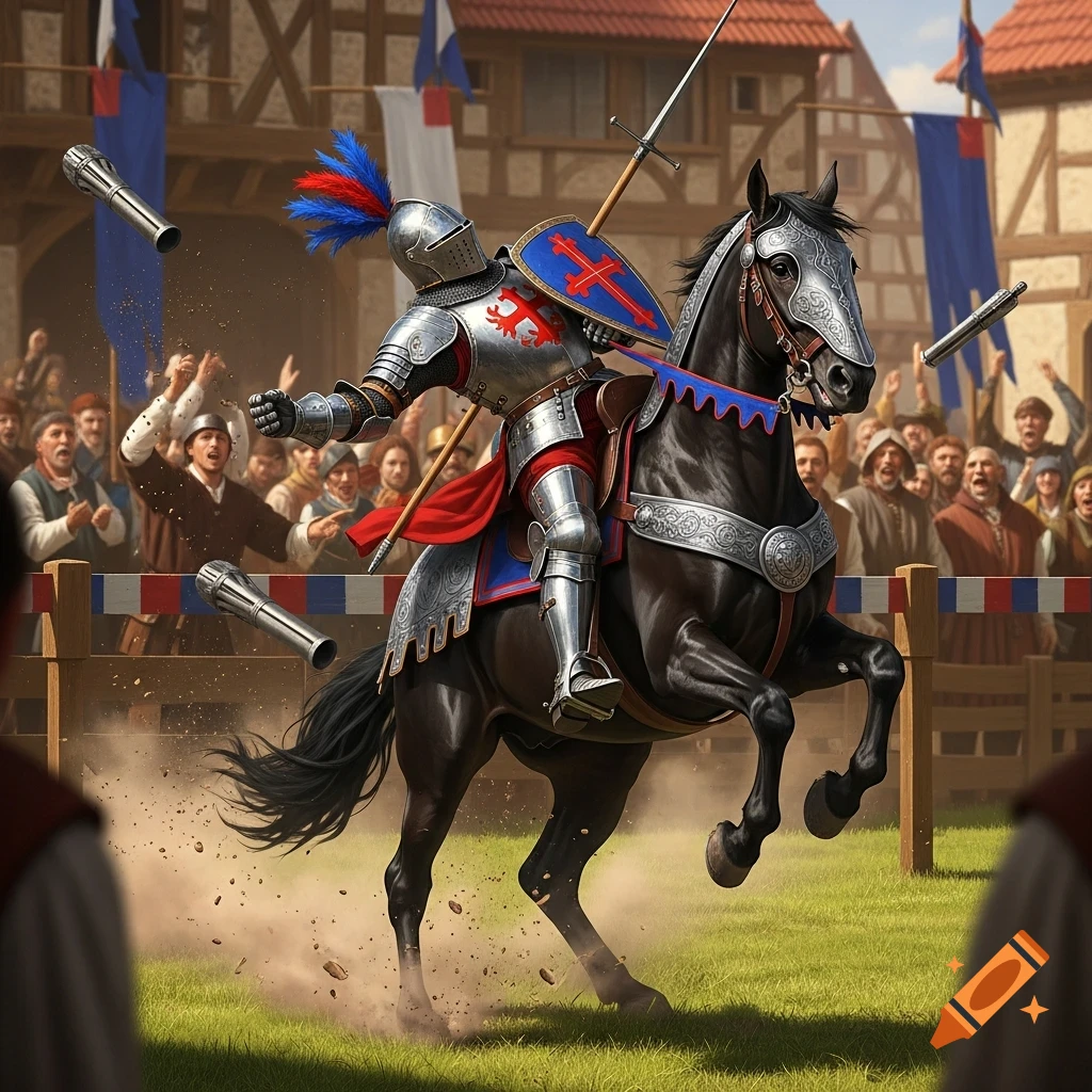 A medieval knight in shining armor falls from his black horse during a joust, surrounded by a cheering crowd.