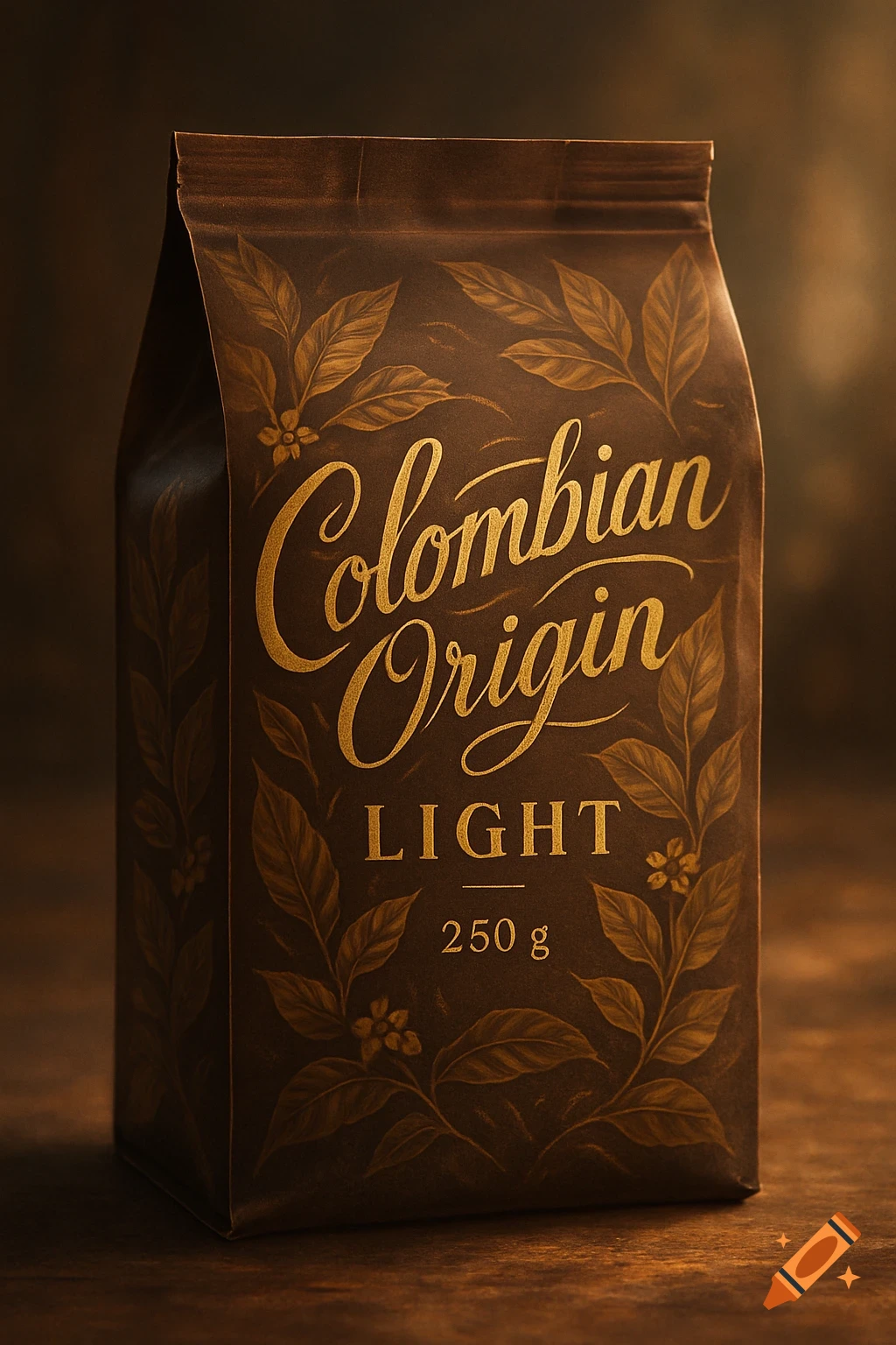 Photorealistic image of a dark brown coffee package with 'Colombian Origin LIGHT 250 g' in gold lettering and leaf patterns.