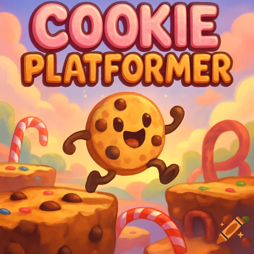 A cute cookie character runs over candy-themed platforms with 'COOKIE PLATFORMER' text above, in a cartoon game art style.