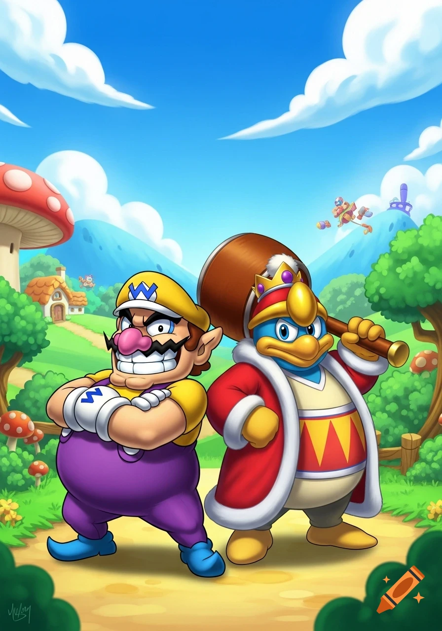 Wario and King Dedede stand together on a dirt path in a vibrant cartoon landscape with green hills, mushroom houses, and a blue sky.