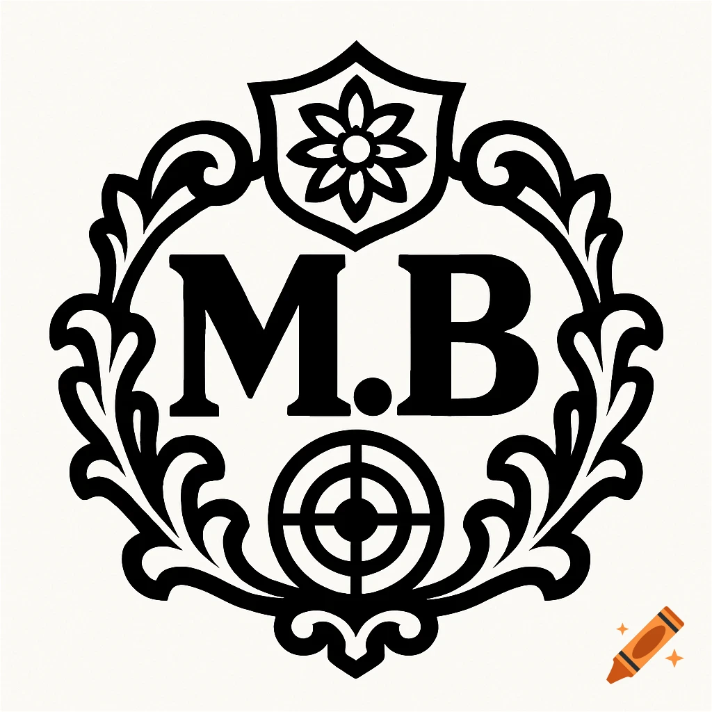 Black and white ornate logo with initials M.B, a shield and flower above, and a target below, surrounded by scrollwork.