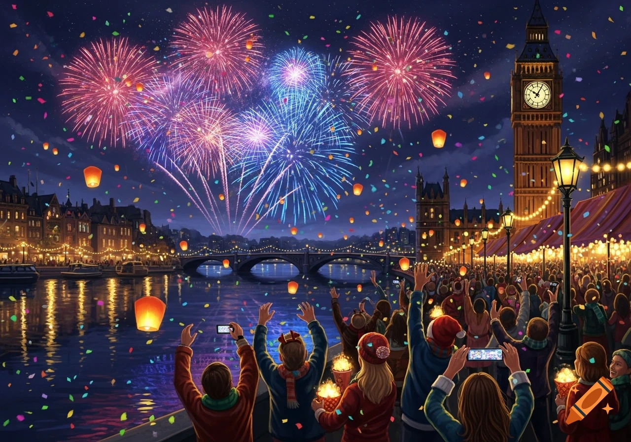 Vibrant illustration of a New Year's celebration in London, with a large crowd watching colorful fireworks and sky lanterns over the River Thames and Big Ben.