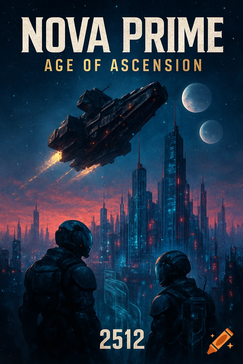 Sci-fi cover art features a large spaceship flying over a futuristic city, watched by two armored figures. Text: NOVA PRIME AGE OF ASCENSION 2512.