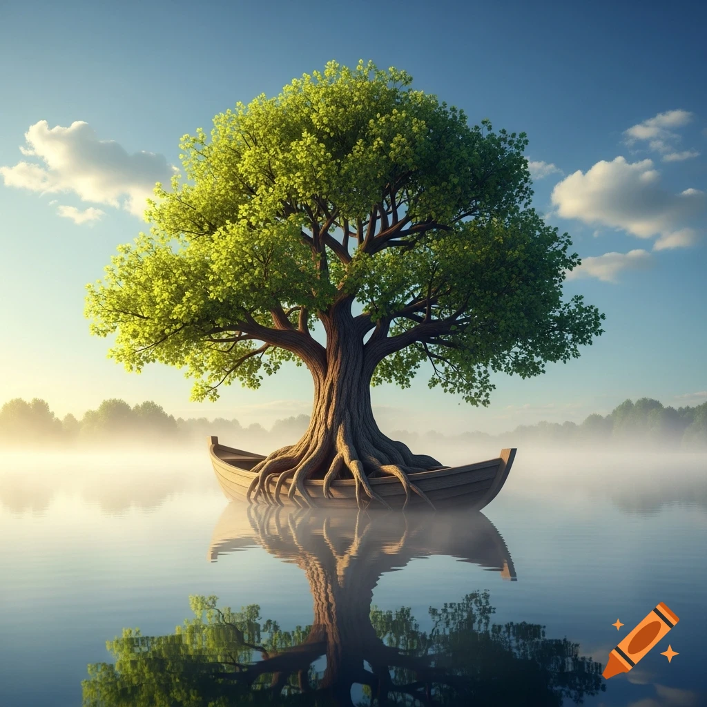 A lush green tree with exposed roots in a wooden boat floats on a ...