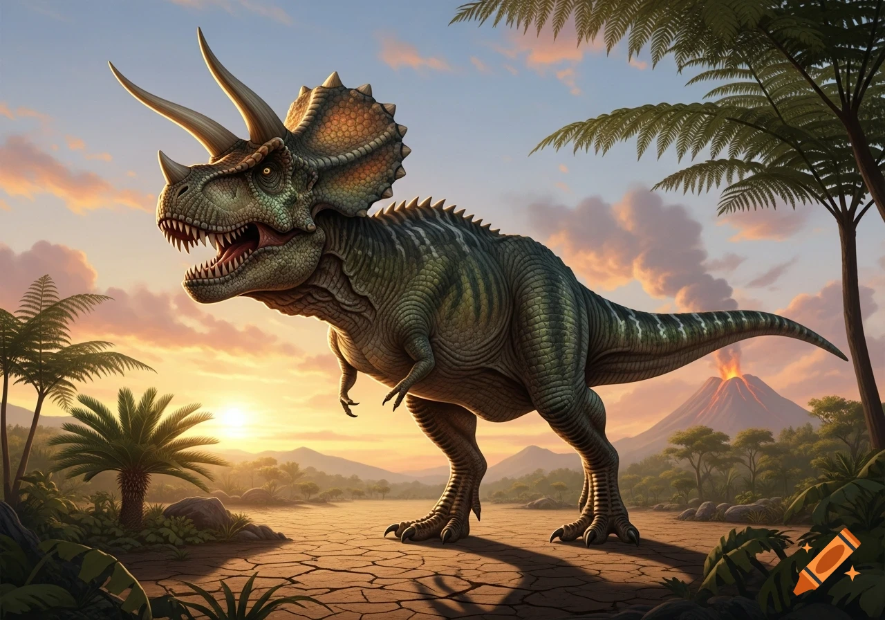 A T-Rex with Triceratops horns and frill roars, standing on cracked earth in a prehistoric landscape with palm trees and a volcano at sunset.