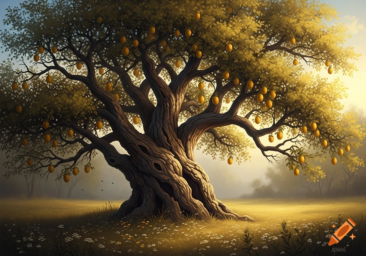 An ancient, gnarled tree laden with golden fruit stands in a sun-drenched field filled with tiny white flowers. The background is a soft, misty landscape.
