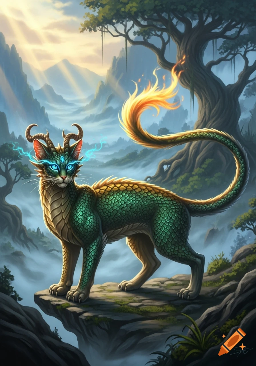 Archie Cat Dragon A fantasy cat-dragon hybrid with green scales, glowing blue eyes, horns ...