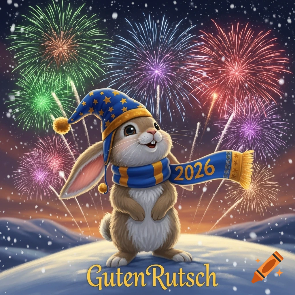 A cute cartoon rabbit wearing a blue hat and scarf with '2026', standing in snow under colorful fireworks with 'Guten Rutsch' text.