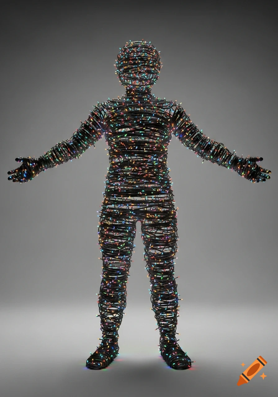 A human-shaped figure made of tangled black wires and multicolored Christmas lights stands with arms outstretched against a gray background.